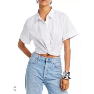NEW Aqua Bloomingdales Size Small White Cropped Button Down Twist Front Shirt